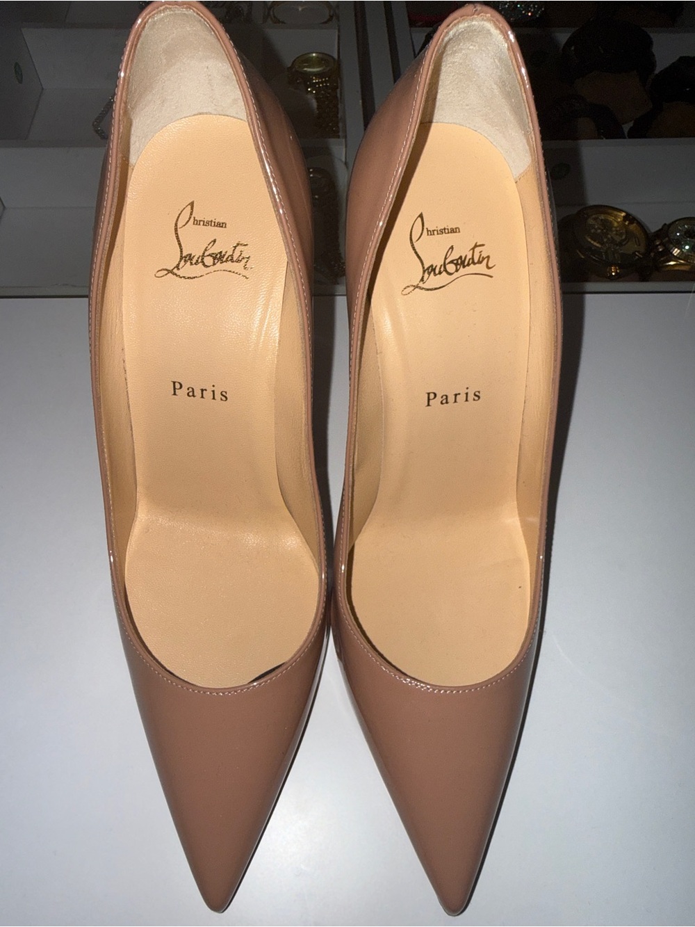 Christian Louboutin Nude Patent Leather Pointed-Toe Pumps
